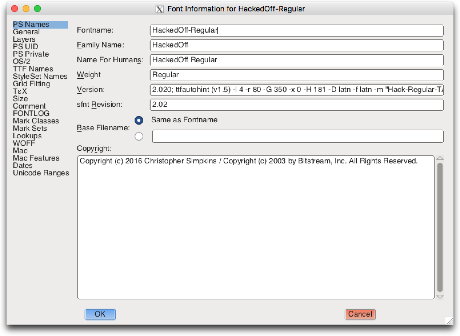Screenshot of Font Forge's font info window