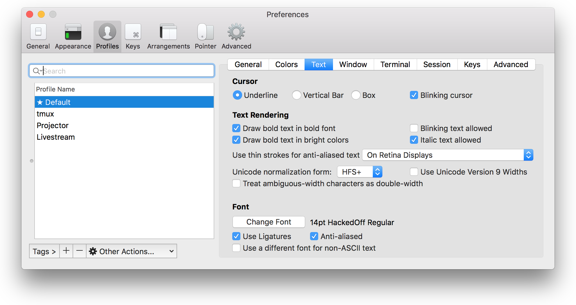 Screenshot of iTerm2's settings window showing the profile's font changed to HackedOff Regular