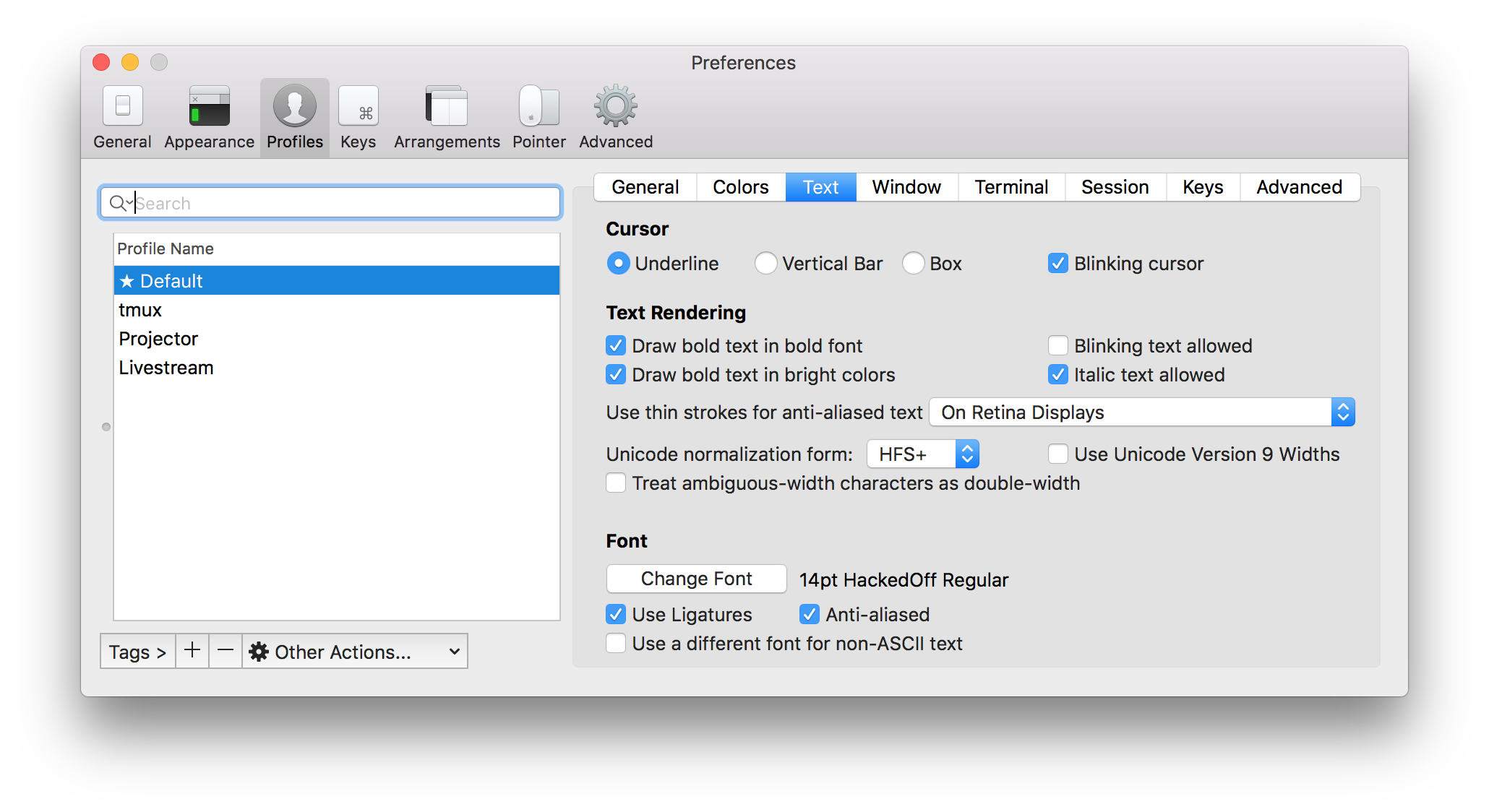 Screenshot of iTerm's settings window showing the profile's font changed to HackedOff Regular